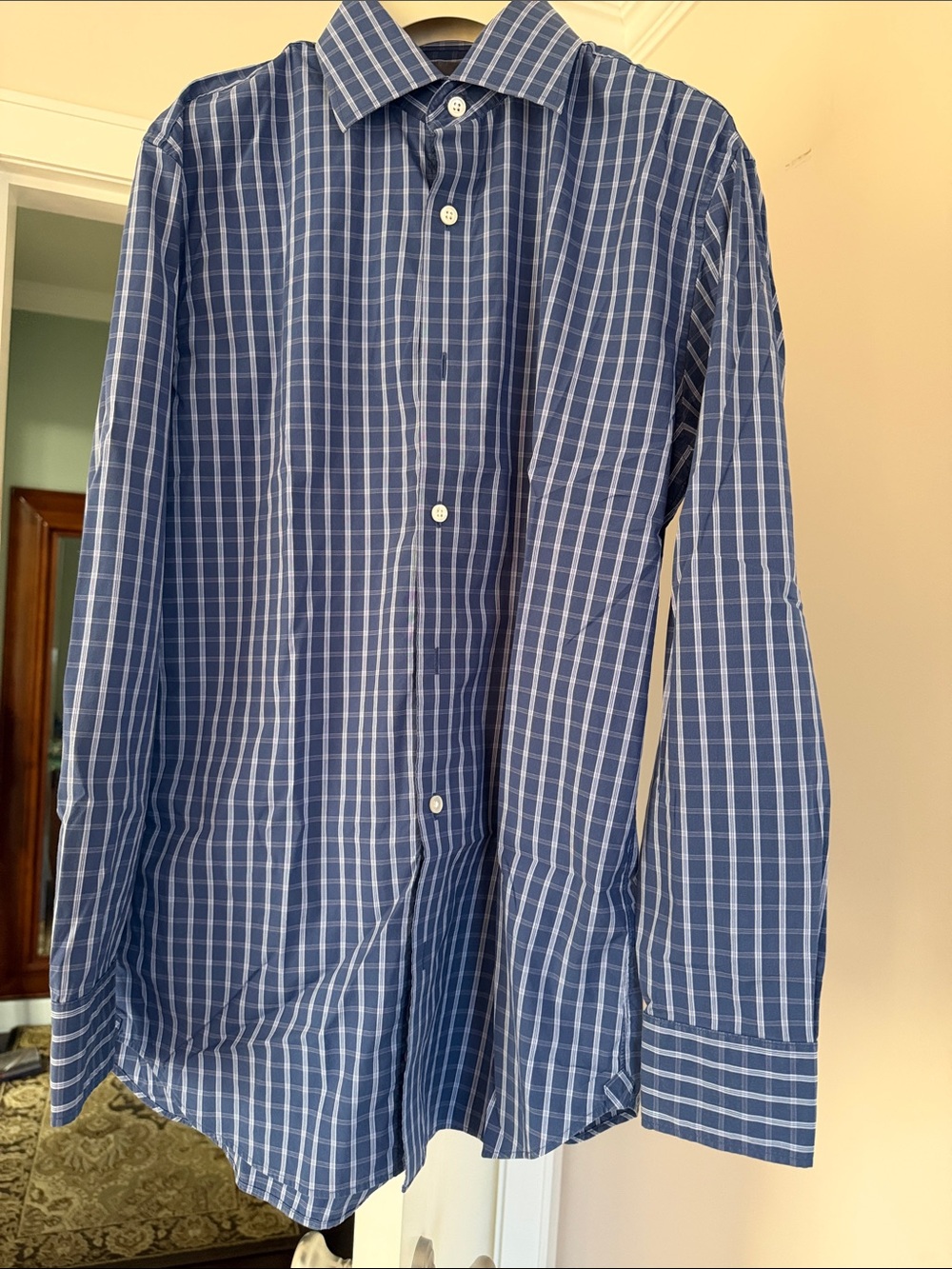 Bonobos stretch Men's Navy and White Windowpane Dress Shirt slim fit 15,5/33